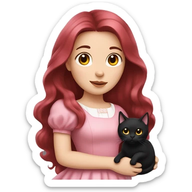 Long Dark Red hair, white skin wearing pink dress girl who is holding a black cat sticker