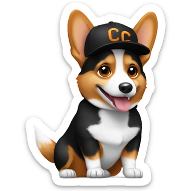 corgi wearing a black baseball hat with a small orange square with white letters "YC" logo sticker