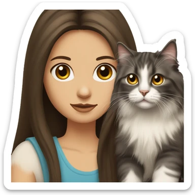 long straight haired blue eyed brunette woman holding norwegian forest cat with amber eyes sticker