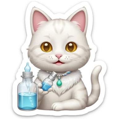 cat holding tiny bottle of serum looking happy pampered emoji style sticker
