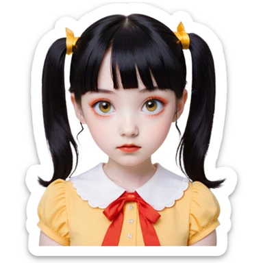 Face: Round with a porcelain-like finish, slightly eerie but innocent expression.
	•	Eyes: Large, dark, and slightly glossy, with a red sensor-like glow when activated.
	•	Hair: Black, neatly tied into two low pigtails with short bangs.
	•	Outfit: Yellow-orange short-sleeved shirt with a Peter Pan collar and a high-waisted orange jumper dress.
	•	Details: A small, unsettling smile and a slightly tilted head to capture her eerie nature. Style Apple emoji. Full size doll sticker