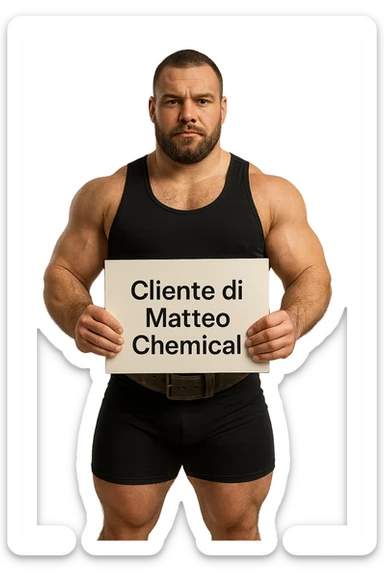 Powerlifter con in mano una targa o un foglio con scritto "Cliente di Matteo Chemical" sticker