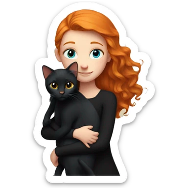 Ginger girl with blue eyes hugging black cat sticker