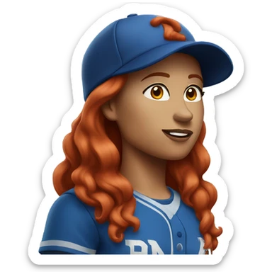 standing female coach with long red hair, wearing a white t-shirt and a simple blue baseball hat sticker