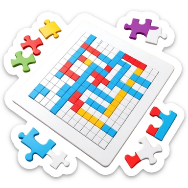 A colorful puzzle piece, a crossword magazine, a 3D puzzle, and a partially completed puzzle picture on a table. Bright colors, modern style. Transparent background, suitable for puzzles and brain games. sticker