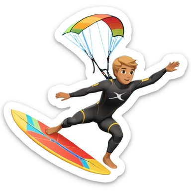An athlete in a wetsuit riding a kiteboard, soaring over the sea waves with the kite high in the sky. The background features a vibrant blue sky and crashing ocean waves, capturing the thrill and freedom of kitesurfing in dynamic motion. sticker