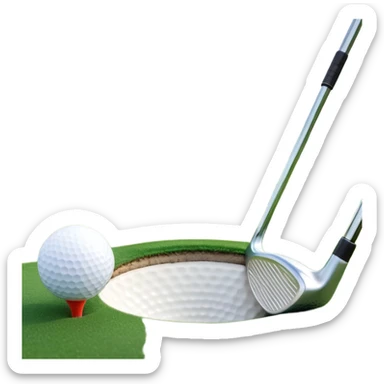 A golf ball on a tee with a golf club placed beside it, set against the backdrop of a well-manicured green golf course. The scene emphasizes the equipment and serene atmosphere of the sport, with soft lighting and a peaceful, open landscape sticker