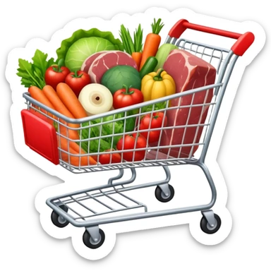 full grocery cart with packed meat, vegetables and fruits sticker