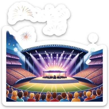 An icon showing a stadium stage with a concert in full swing, bright stage lights illuminating the performers, and fireworks bursting in the sky. The excitement of the crowd is palpable, symbolizing a love for live music and unforgettable shows. transparent background. sticker