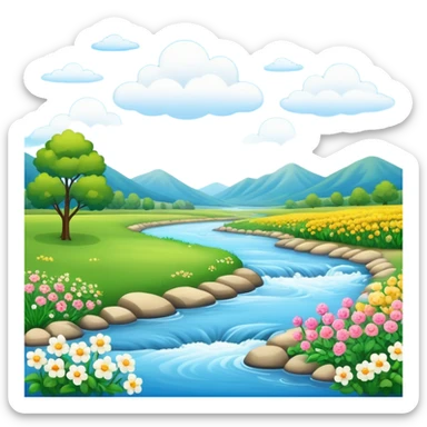 landscape with river, flowers, and clouds sticker