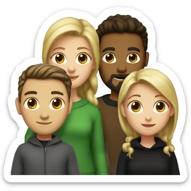 two girls and one guy. one of the girls is a blonde in a green sweater, the other has brown hair and a black sweater, in the middle is a guy with dark hair and a beard sticker