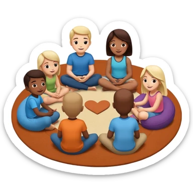 создай стикер где ребята сидят и обсуждают на утреннем круге какую то историю поддерживающая атвосверав, ребята сидят в полукруге на коврике и на мягких мешках sticker