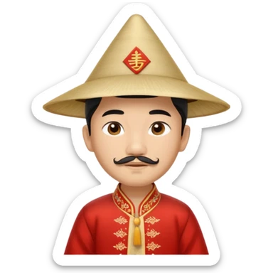 An Asian boy, with little straight mustache and a little beard wearing a traditional triangle Chinese hat sticker