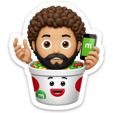 KFC bucket with a green M&M character sitting inside it, the M&M has a black beard, curly hair, and is holding an iPhone sticker