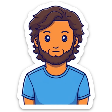 Lebanese man with one blue eye and one brown eye, dark brown longish wavy hair, light beard, closed mouth, kind expression, blue shirt sticker