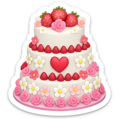 Add even more pink and white flowers to the white wedding cake with strawberries and heart topper in emoji style, with no background. The style should resemble emoji style with vibrant colors and simple shapes. sticker