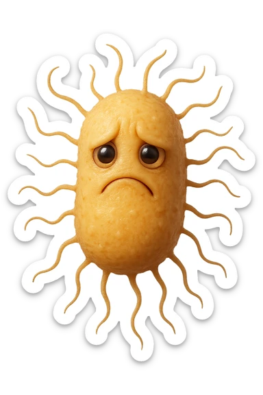 emoji stile iphone di batteri intestinali con espressione triste che fluttuano in aria, iperrealistico 4k, isolato su sfondo bianco sticker