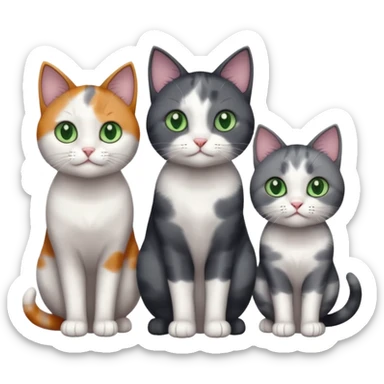 3 different coloured small cats including a dark grey and white, and a patchy calico and a completely solid dark grey with green eyes and only white paws sticker
