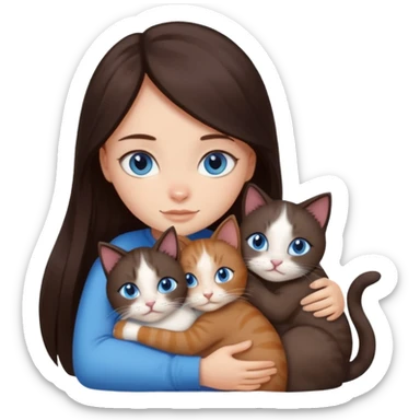 a girl with long dark 
brown hair, with blue eyes, hugs 3 different natural coloured cats sticker