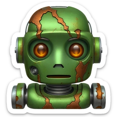 make a tired old robot emoji, covered in green sludge sticker