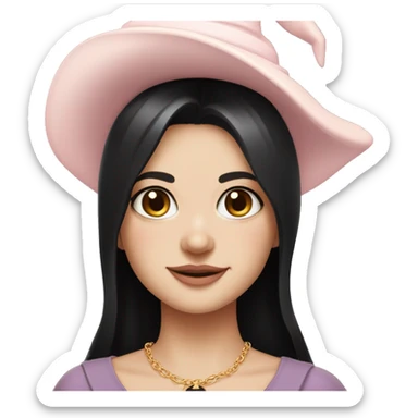 Witchy chocolate black haired brown eyed light freckles white girl with a witty smile a gold necklace and a black witch hat with a baby pink bow sticker