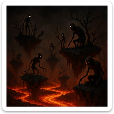 a surreal hell scene with floating islands, bizarre creatures, and fiery rivers sticker