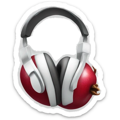 An IOS, Apple designed pomegranate emoji wearing headphones, facing to the right slightly. No face features. White background. Simple design. sticker