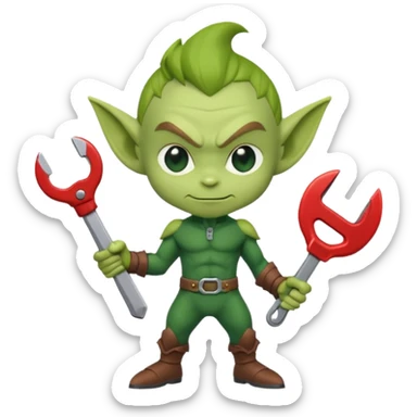 short green goblin, hold a wrench, cute chibi full body sticker