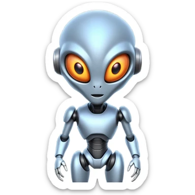 robotic alien character, metal body parts, glowing eyes, futuristic alien design, sci-fi vibe, 3D cartoon, mobile game icon style, clean background, no text, no watermark
 sticker