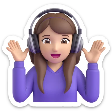 brown-haired gamer girl, excited expression, headphones, head only, emote sticker