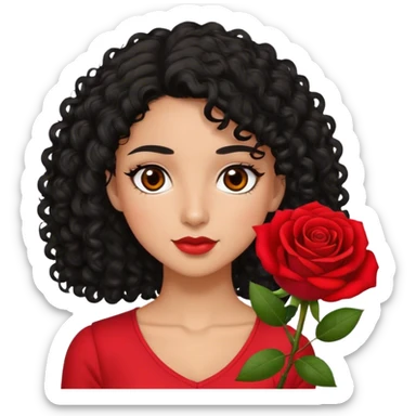 Olive Brown eyes black curly hair red rose backround red top  sticker