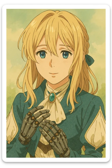 Violet Evergarden, close-up portrait, gentle expression, mechanical hands visible, soft pastel anime style sticker