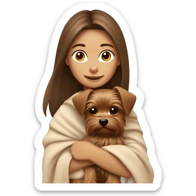 Brown haired girl wrapped in blanket hugs her Yorkshire terrier dog sticker