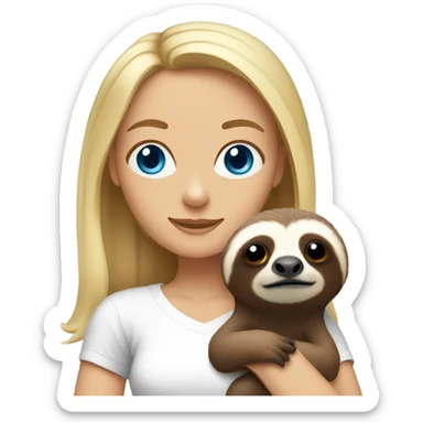 Lady with shoulder length blonde hair and blue eyes in white t-shirt holding a sloth sticker