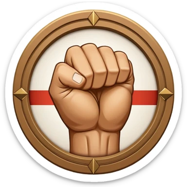 Round emblem symbolizing combat sports, featuring a clenched fist facing forward at the center. The fist is bold and strong, representing power and skill in martial arts. Surrounding the fist are dynamic lines, giving the emblem a sense of motion and energy. sticker