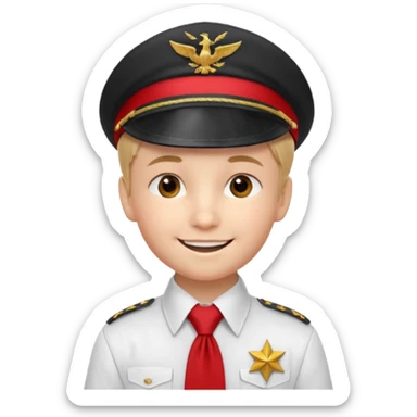 A Soviet pioneer emoji — smiling young boy wearing a white shirt with a bright red pioneer necktie and a classic red pilotka cap. The pilotka should look like a Soviet military cap, not a cowboy hat. Flat, smooth 3D shading sticker