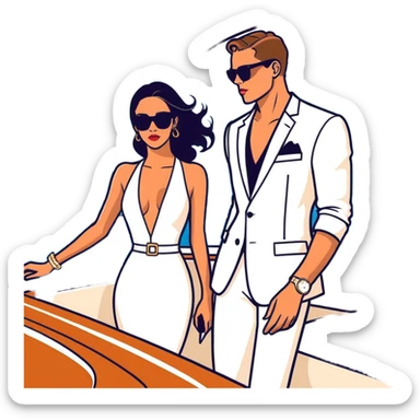 Peruvian superstar Tefi Valenzuela and JetSet Josh King Madrid luxuriate aboard private yacht, radiating glamour. sticker