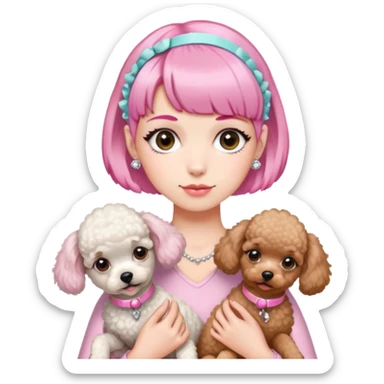 short pixie bangs platinated woman pink hair band，fair-skinned ,no earringsholding two poodles sticker