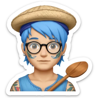 very tattoed face, normal glassess, fat venice gondolier with iconic hat and blue hair woman sticker