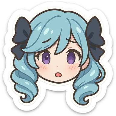 Gwen from League of Legends, chibi emote style, only head visible, right eye purple, shy expression, mouth slightly open, cute and expressive sticker