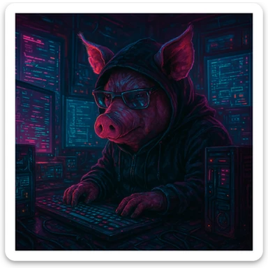 a pig hacker in a dark room, glowing screens, cyberpunk style, neon lights, futuristic, moody atmosphere sticker