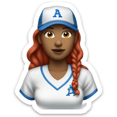 front facing standing up female coach with long red hair, wearing a white t-shirt and a simple baseball blue hat sticker
