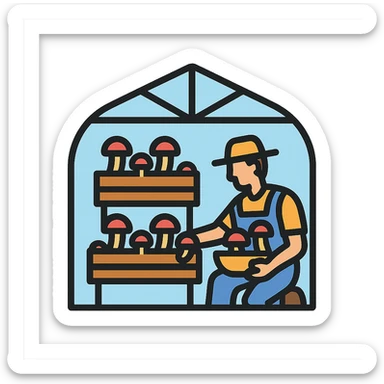 fungi farm scene showing a farmer harvesting mushrooms from raised beds inside a modern greenhouse, flat vector icon style sticker