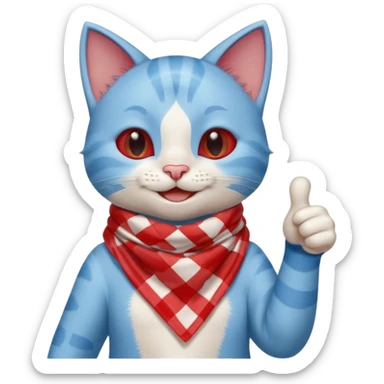 A Baby Blue Cat smiling and giving thumbs up, wearing red Checkered Triangle scarf sticker