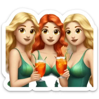 Three beautiful mermaids (blond, brown and red hair) drinking aperol sticker
