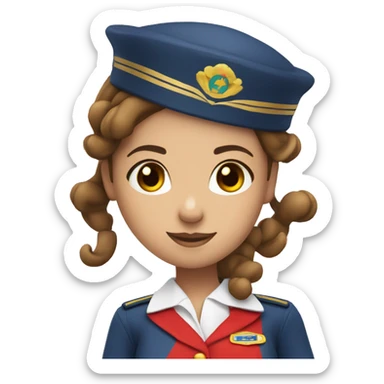A white stewardess with brown hair in a red uniform and a red beret with brown eyes sticker