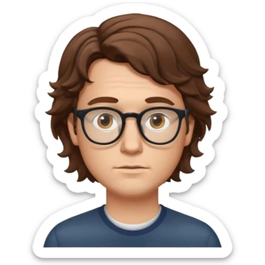 white male with glasses and brown wavy hair, looking thoughtful emoji sticker