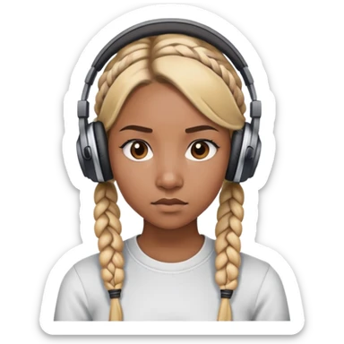 "- Nữ
- 20 tuổi
- Da nâu
- Tóc tết 2 bím, tóc vàng
- Đeo tai nghe
- Mặt nghiêm túc
" sticker