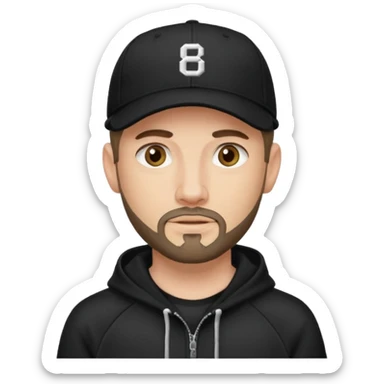 Hombre de ojos claros, con barba fina y perilla, gorra negra de baseball bordada con un 8, y sudadera negra sticker