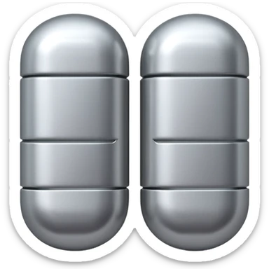 capsule pill emoji, metallic silver halves, smooth glossy finish, futuristic pharmaceutical 3D icon, isolated on white sticker